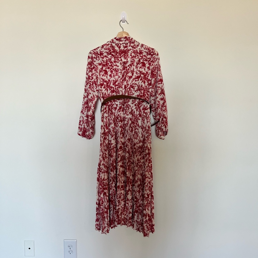 Floral Red & White Midi Dress with Belt